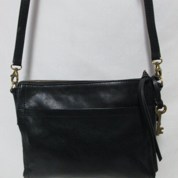 Fossil Leather black Crossbody Bag Purse zip top back slide pocket adjustable - Picture 4 of 13